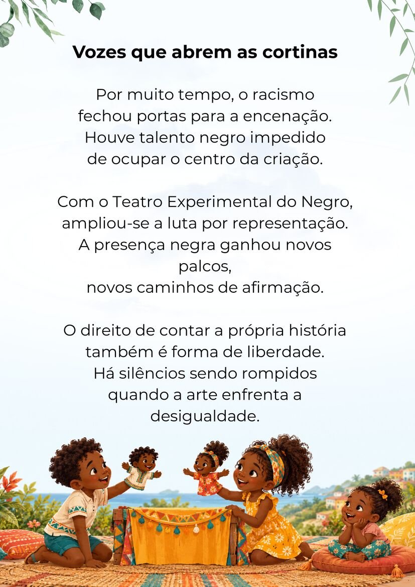 Poema Vozes que abrem as cortinas, com três crianças negras participando de um teatrinho de fantoches.